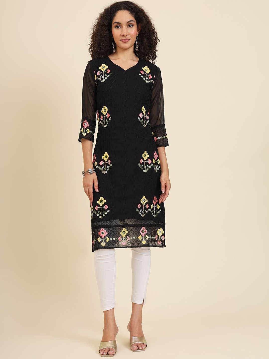 

Ekasya Women Floral Embroidered Flared Sleeves Thread Work Georgette Kurta, Black
