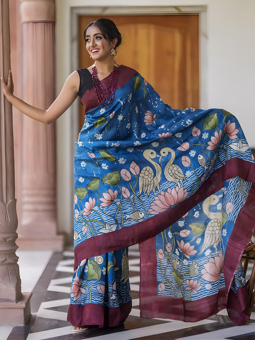 

Anouk Kalamkari Linen Blend Saree, Teal