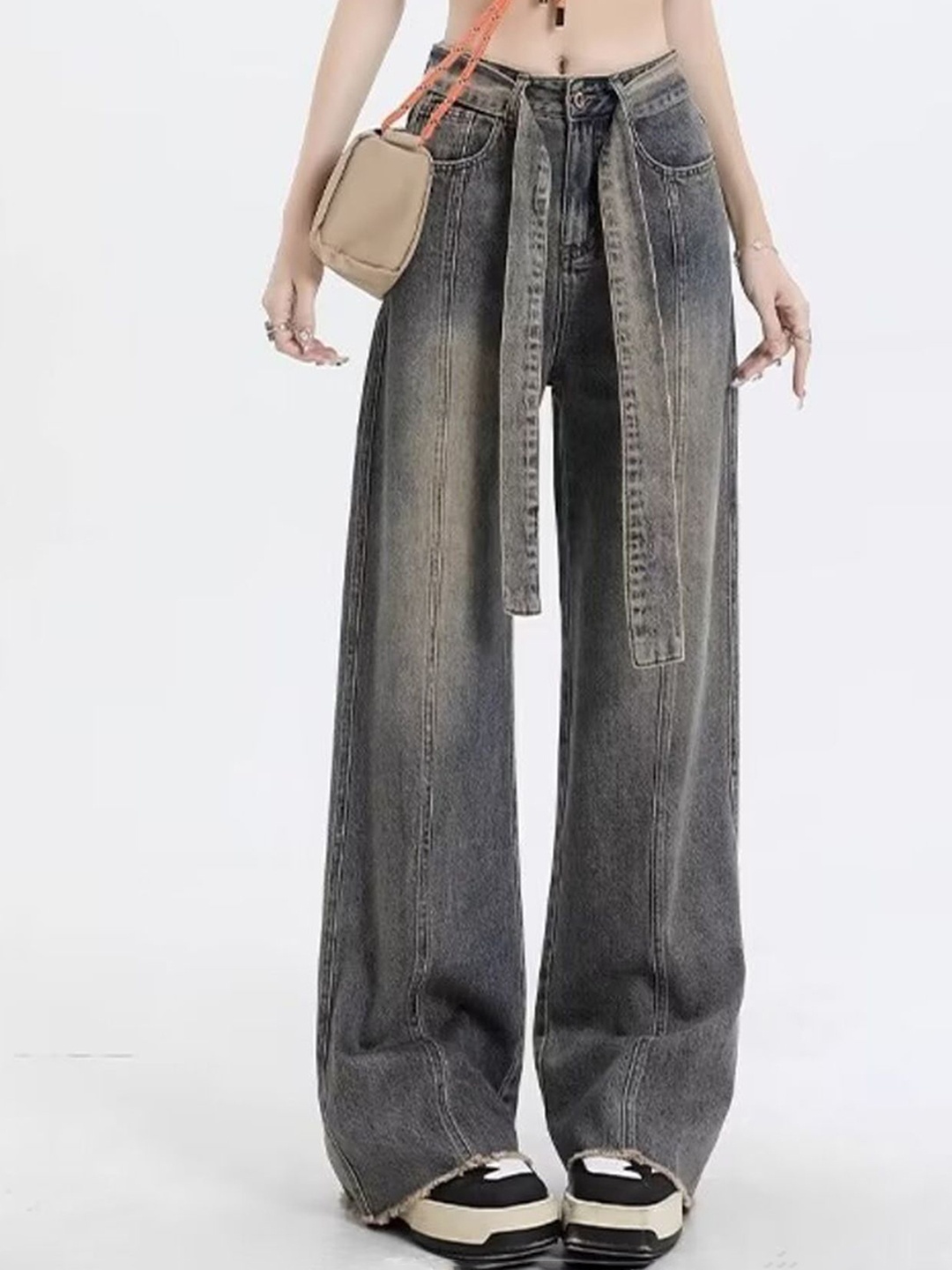 

LULU & SKY Women Wide Leg Heavy Fade Jeans, Grey
