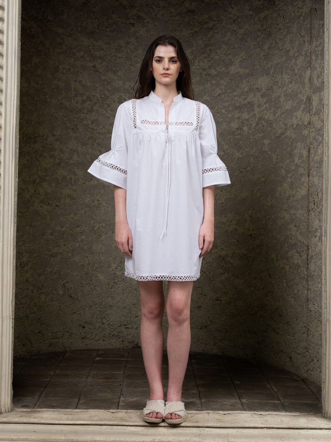 

SOTBELLA Bell Sleeve Organic Cotton A-Line Dress, White