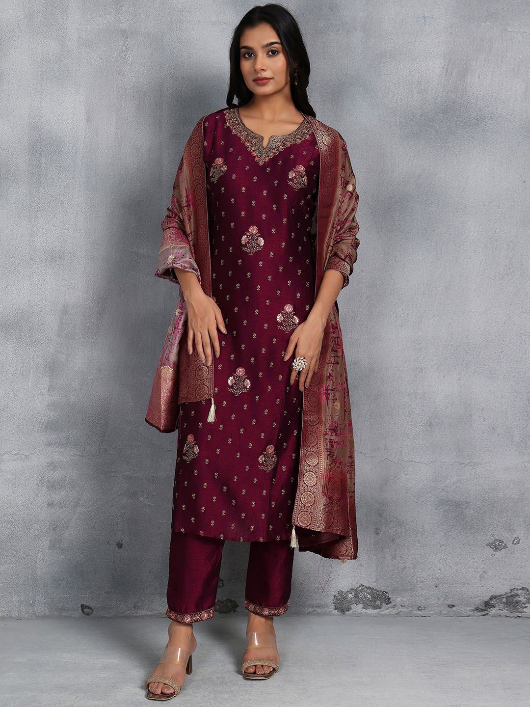 

Rang by Indya Women Floral Embroidered Regular Kurta with Trousers & With Dupatta, Purple