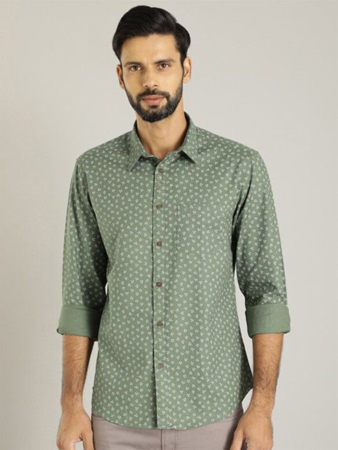 

Indian Terrain Men India Slim Spread Collar Floral Printed Cotton Slim Fit Casual Shirt, Green