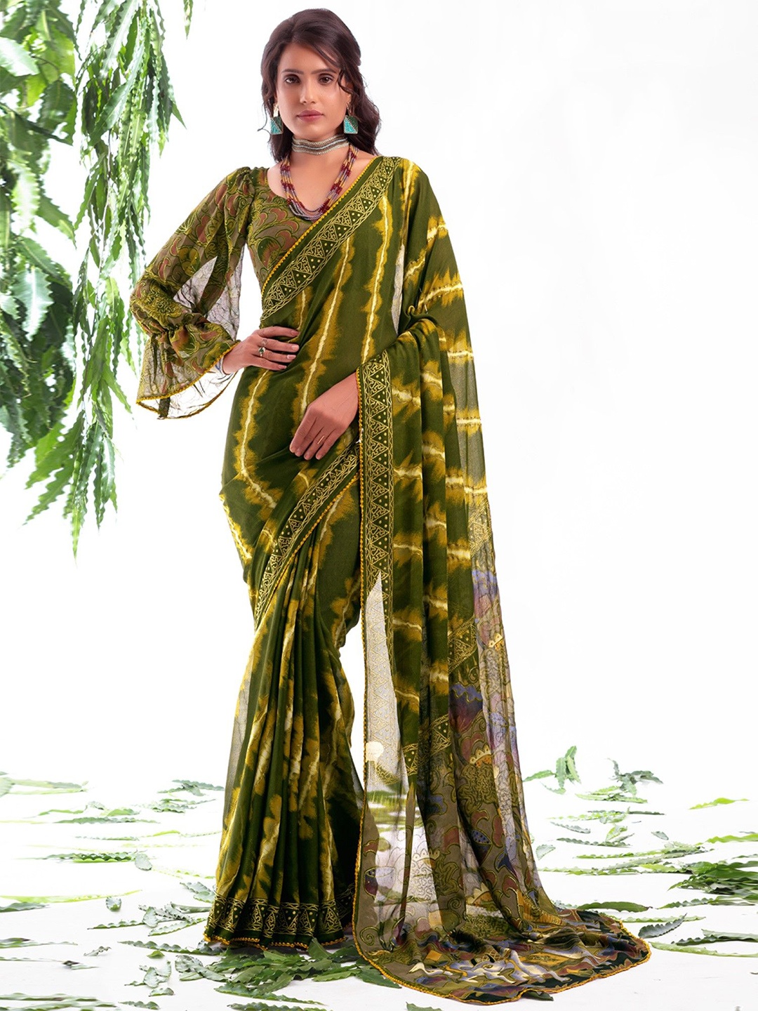 

Mitera Leheriya Poly Chiffon Designer Saree, Olive