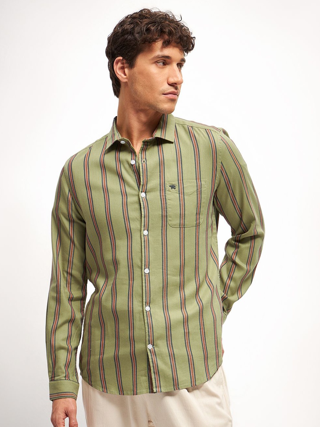 

THE BEAR HOUSE Men Slim Fit Tartan Checks Opaque Striped Casual Shirt, Olive