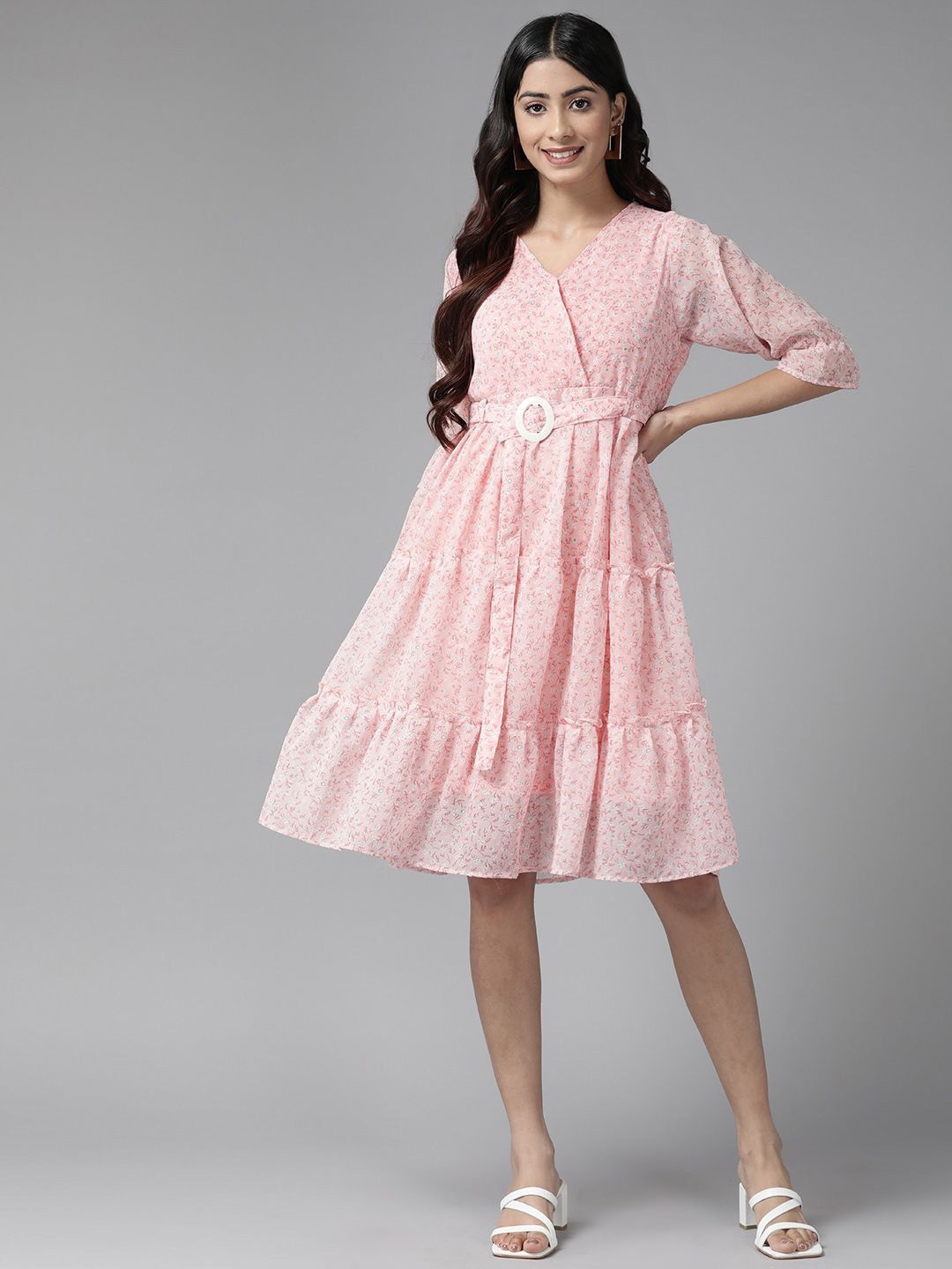 

BAESD Floral Print Georgette Peplum Dress, Peach