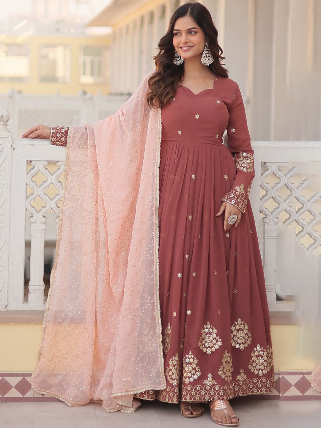 

KALINI Fit & Flared Ethnic Motifs Gown With Dupatta Dresses, Brown