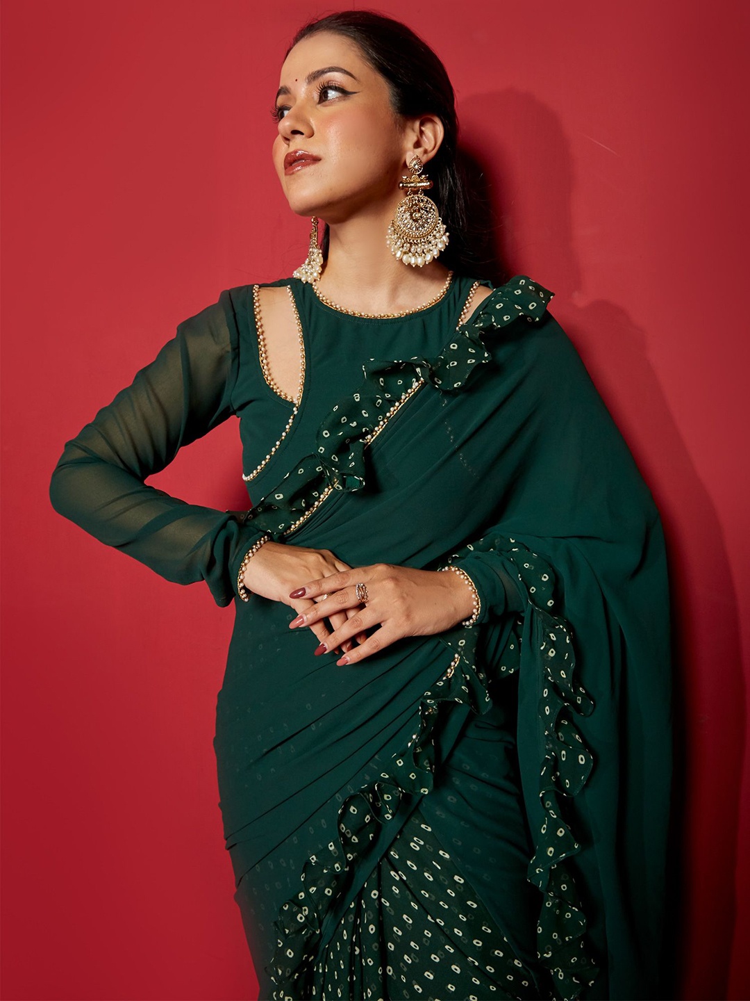 

NUD Printed Pre-Draped Saree, Green