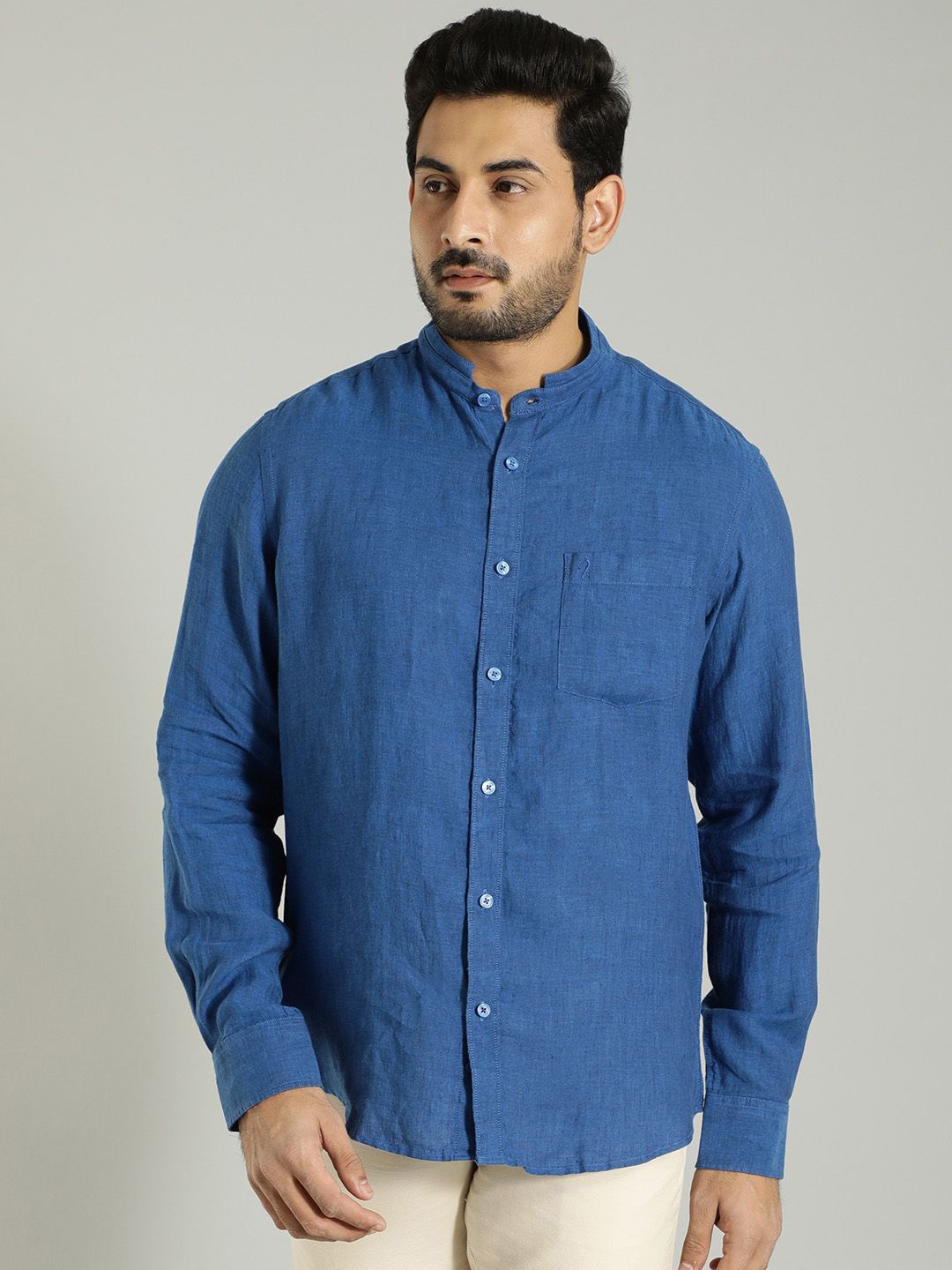 

Indian Terrain Men India Slim Band Collar Solid Linen Slim Fit Casual Shirt, Blue