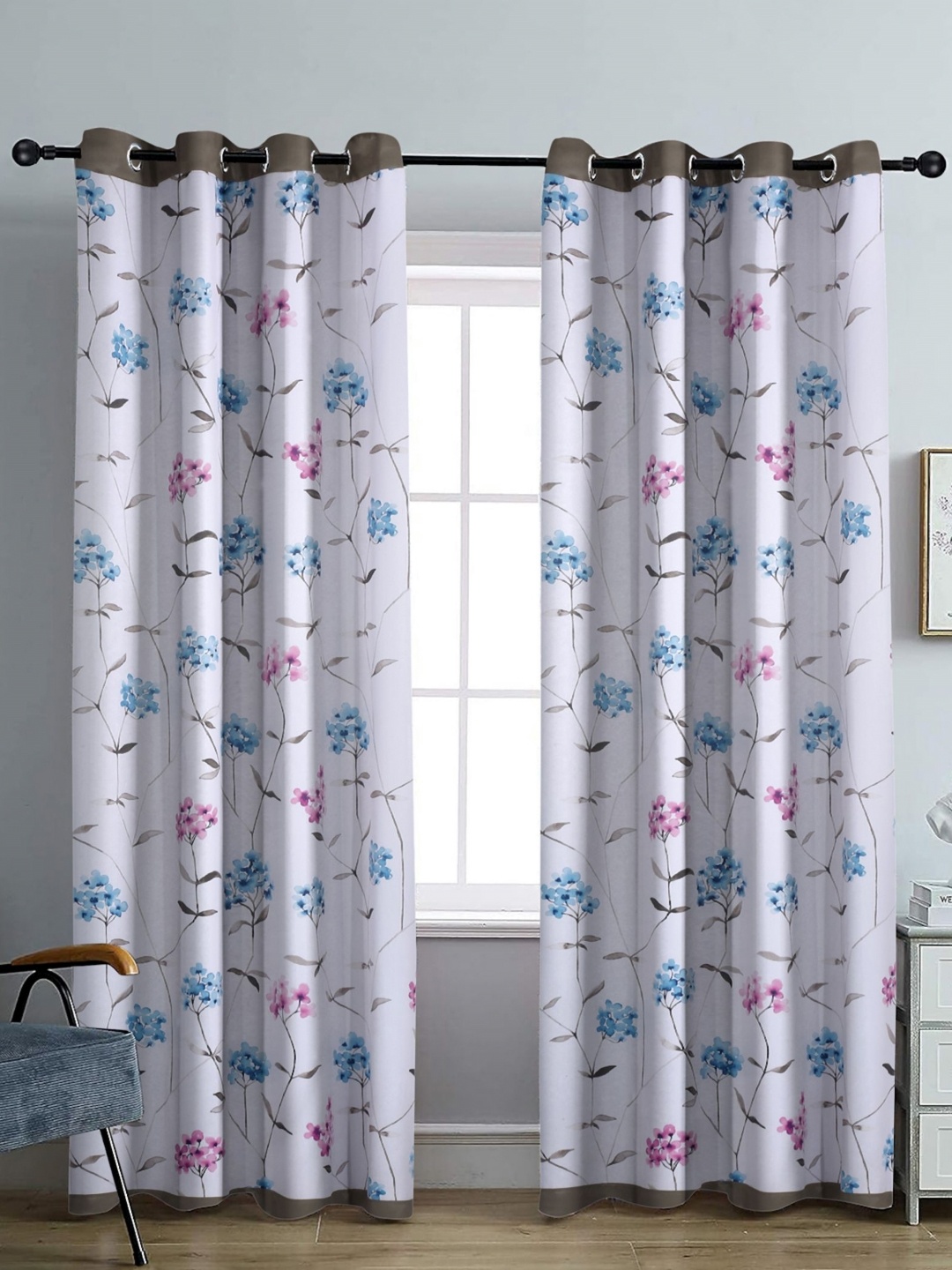 

Aura White & Blue Set of 2 Floral Black Out Long Door Curtain