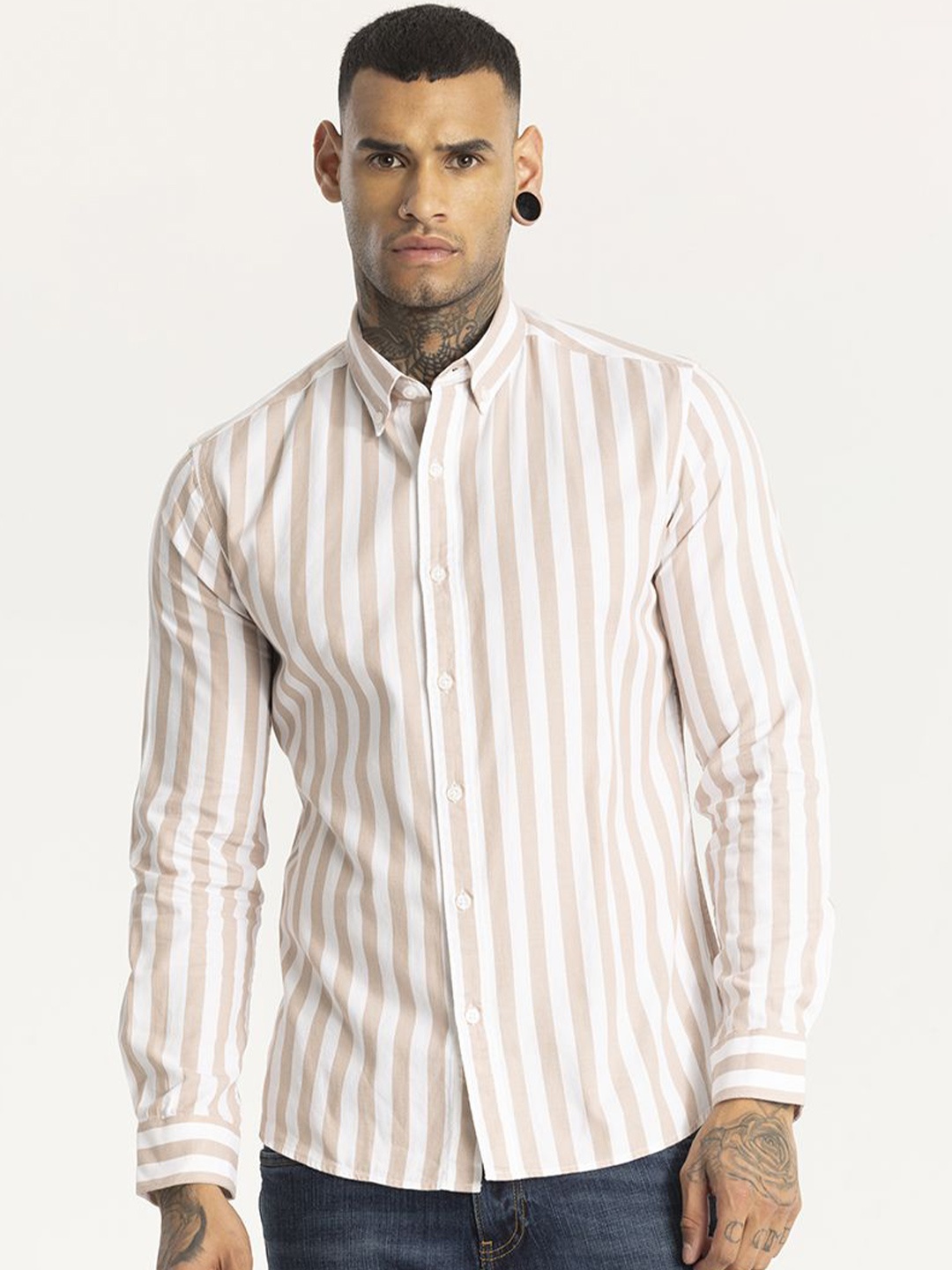 

Snitch Men Smart Slim Fit Opaque Striped Casual Shirt, Peach