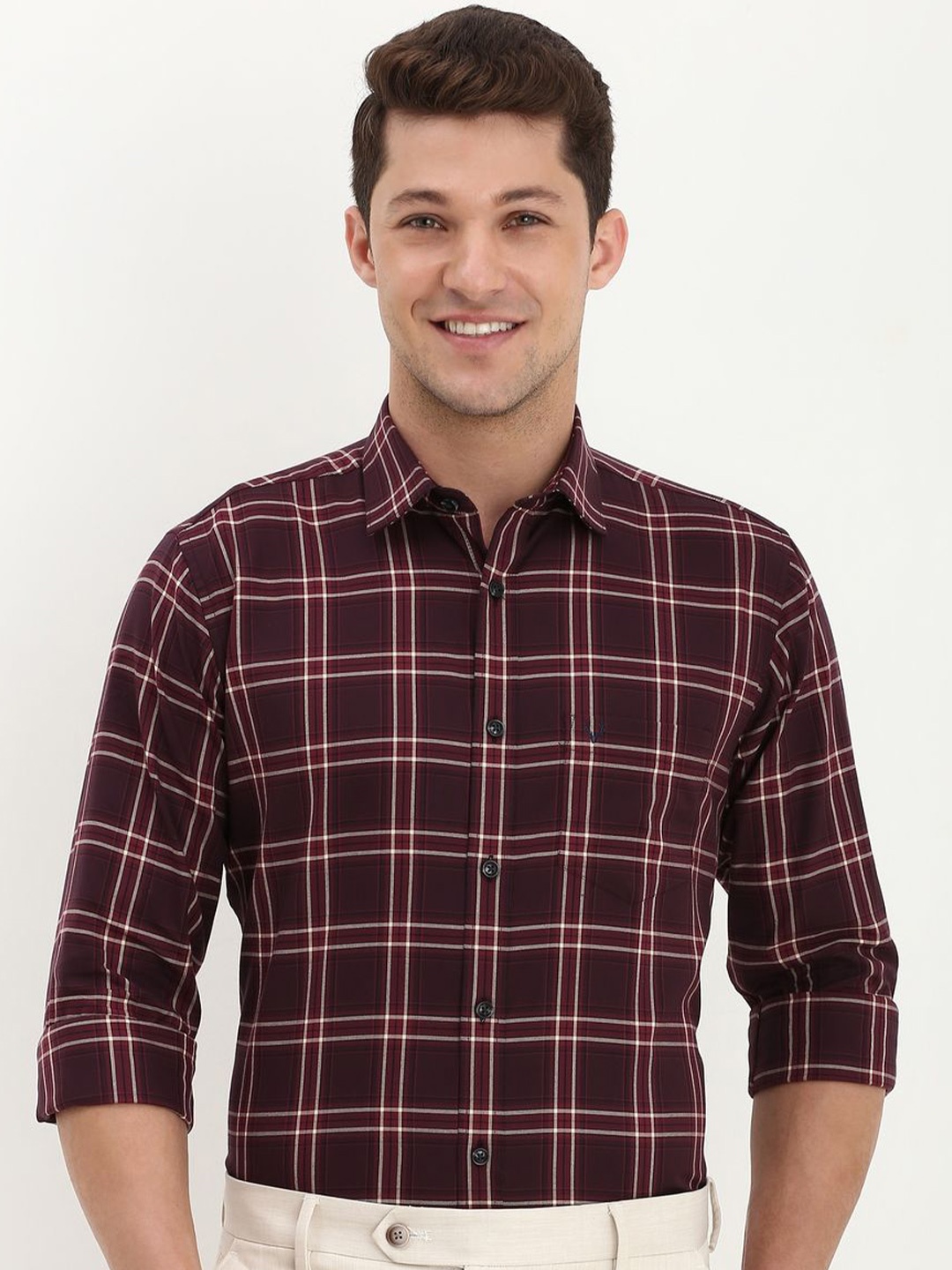 

Allen Solly Men Slim Fit Tartan Checks Opaque Checked Formal Shirt, Maroon