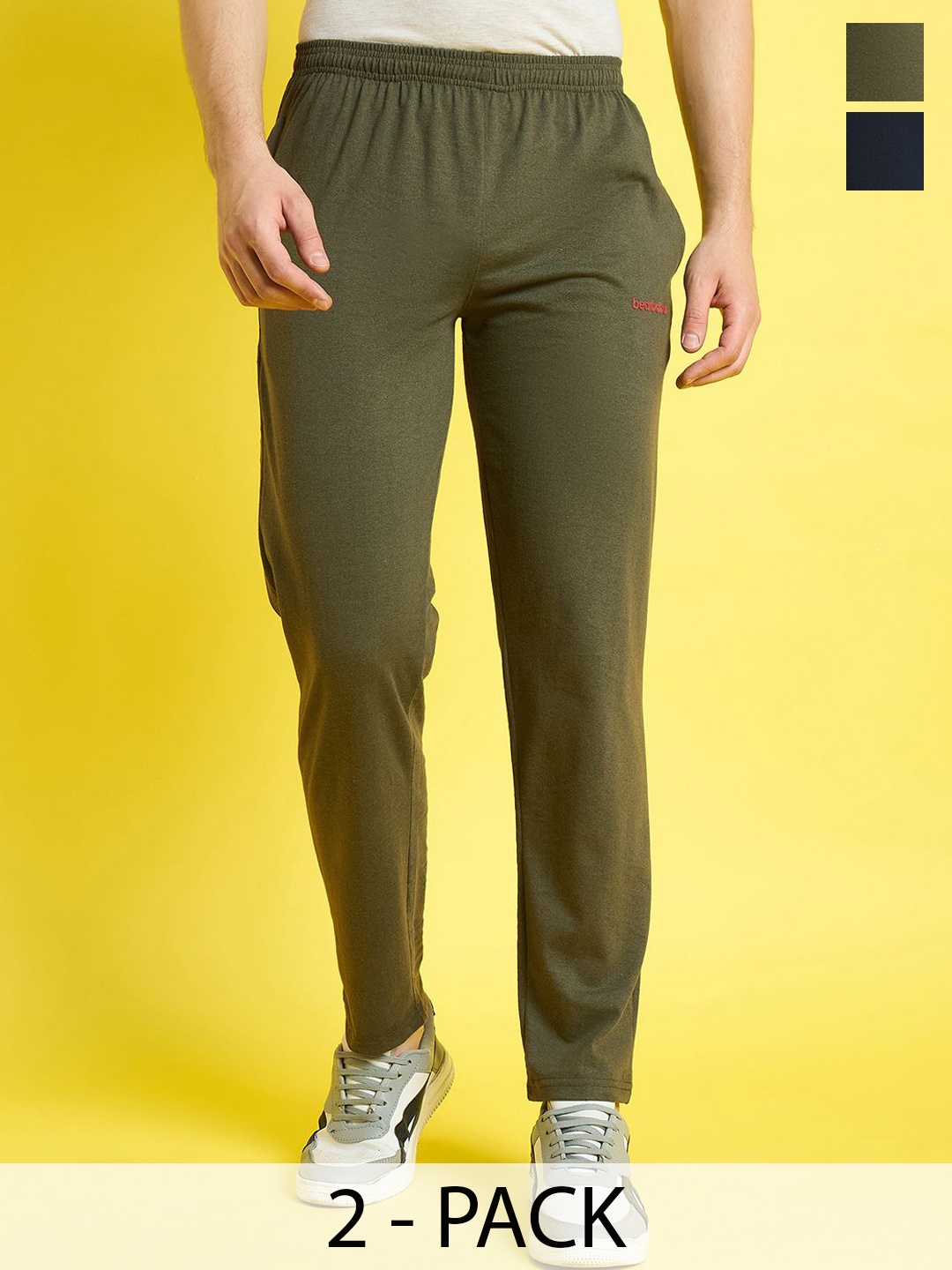 

bearbrother Men Pack Of 2 Solid Mid-Rise Track Pants, Olive