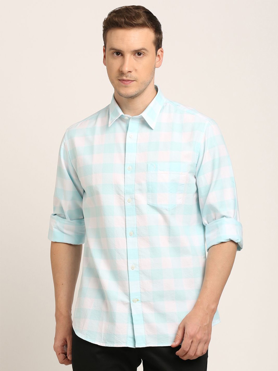 

Indian Terrain Men Classic Spread Collar Buffalo Checked Cotton Casual Shirt, Blue