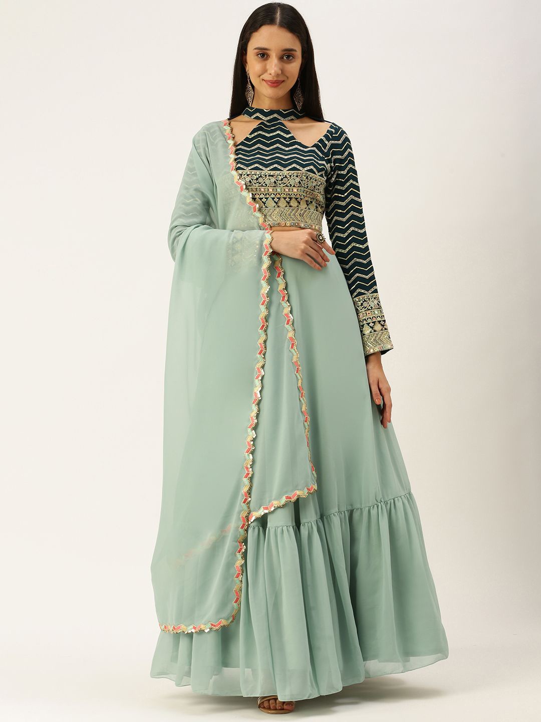 

Ethnovog Embellished Sequinned Ready to Wear Lehenga & Blouse With Dupatta, Green