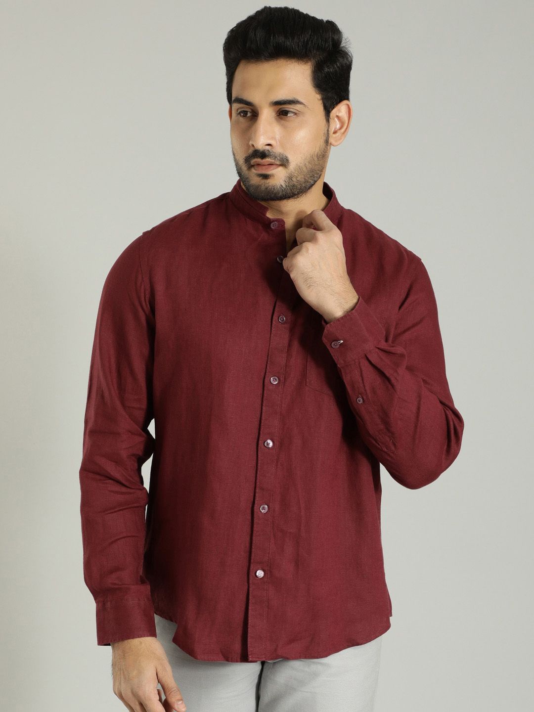 

Indian Terrain Men India Slim Band Collar Solid Linen Slim Fit Casual Shirt, Maroon