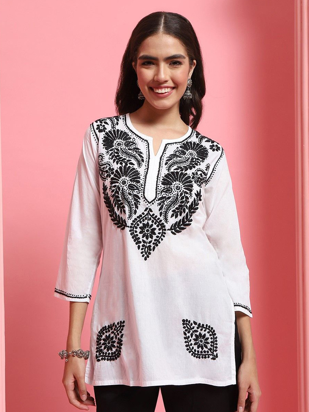 

House of Chikankari Chikankari Woven Short Kurta, White
