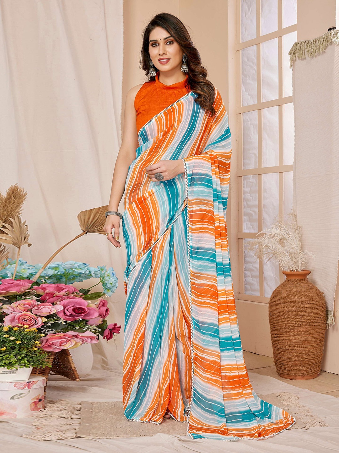 

bansari textiles Striped Gotta Patti Pure Georgette Ready to Wear Saree, Orange