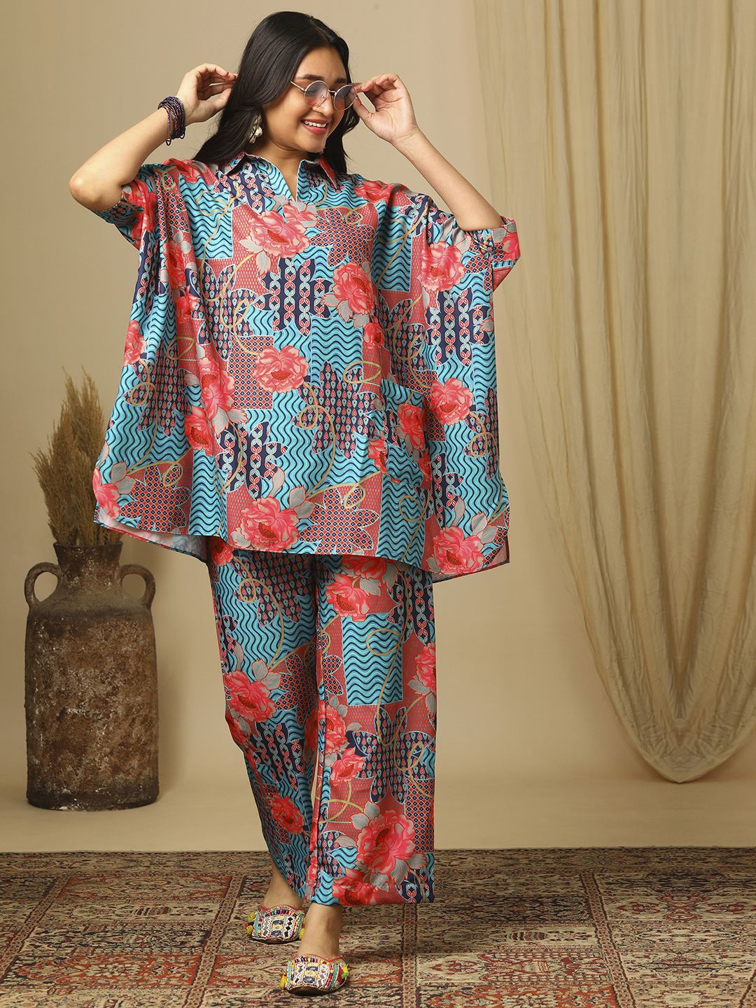 

Globus Printed Short Sleeve Kaftan Top & Trouser Co-Ords, Blue