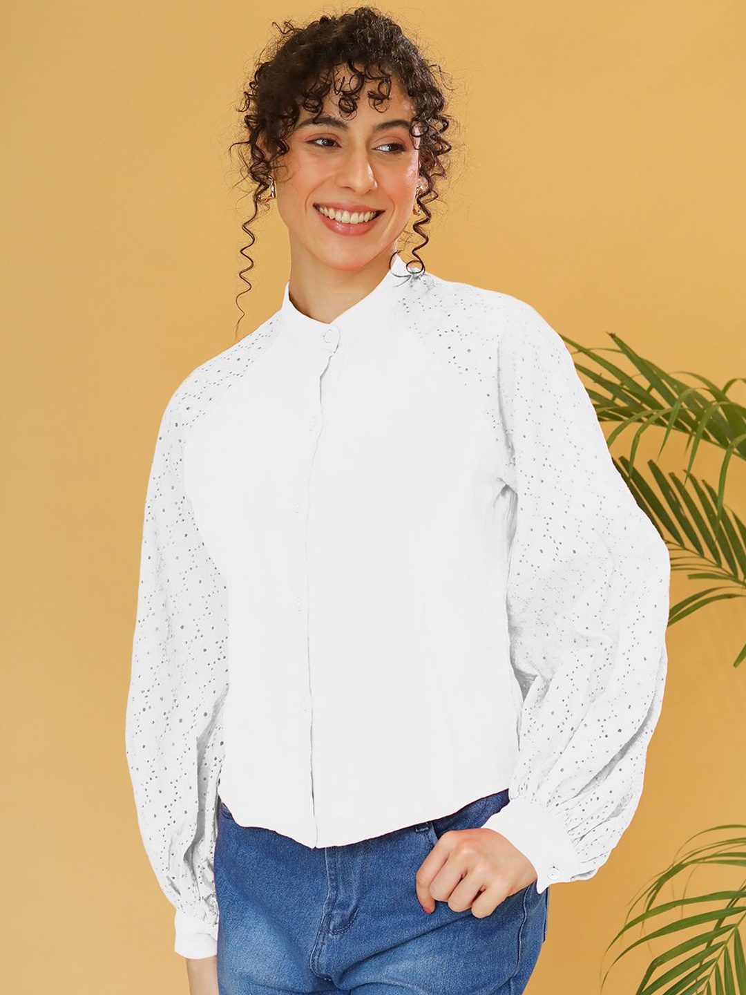 

DressBerry Mandarin Collar Cotton Schiffli Shirt Style Top, White