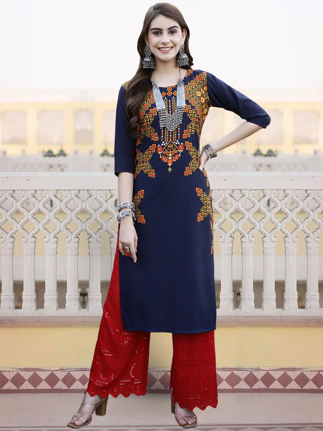

7Threads Women Ethnic Motifs Checked Sequinned Floral Crepe Kurta, Multi