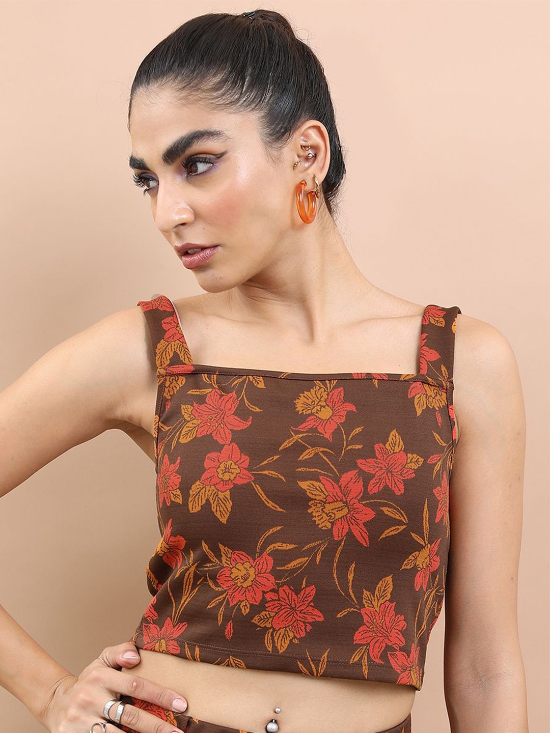 

Tokyo Talkies Floral Print Crop Top, Brown