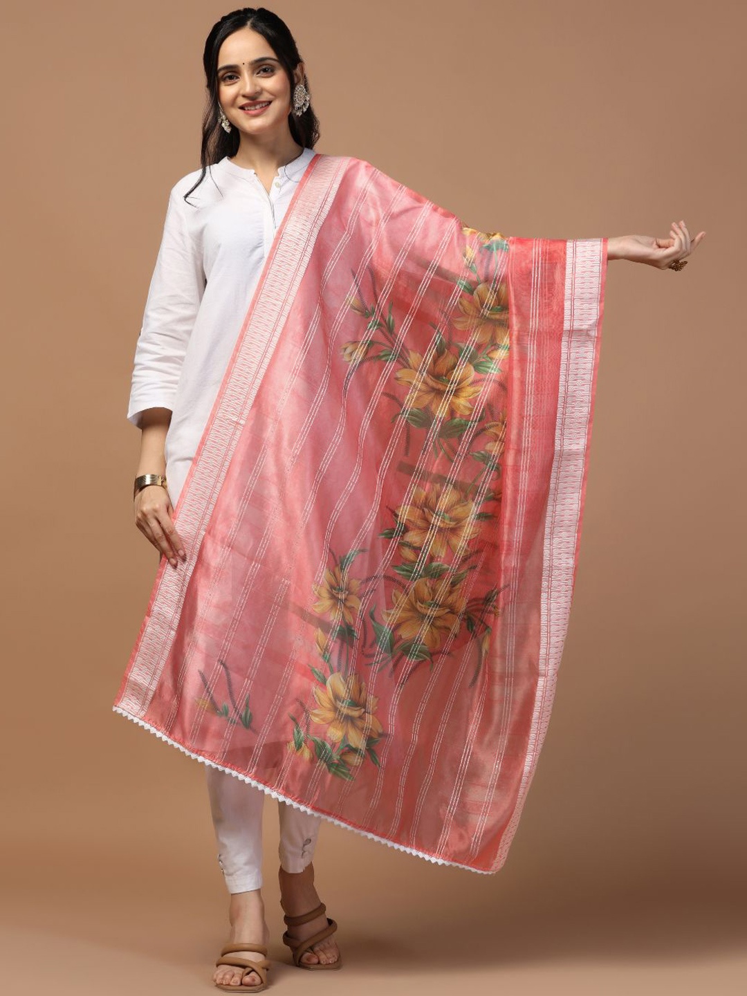 

Kaizen TEXO FAB Ethnic Motifs Printed Organza Dupatta, Pink