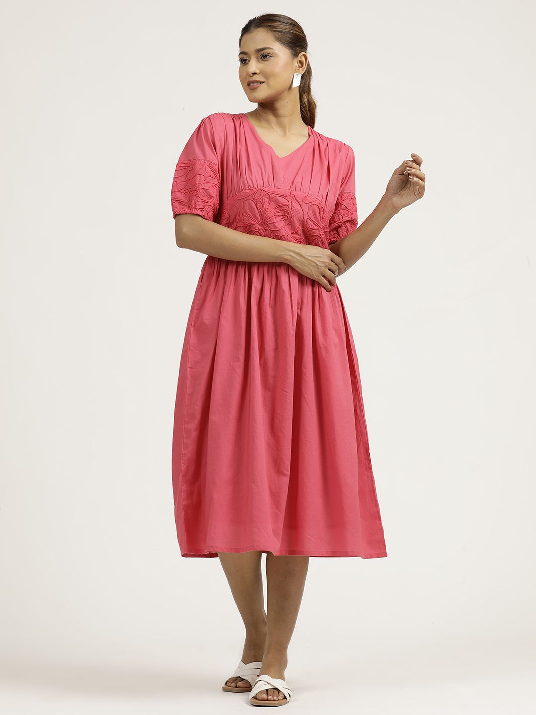 

Jaipur Kurti Dori Embroidered Gathered Cotton Dress, Pink
