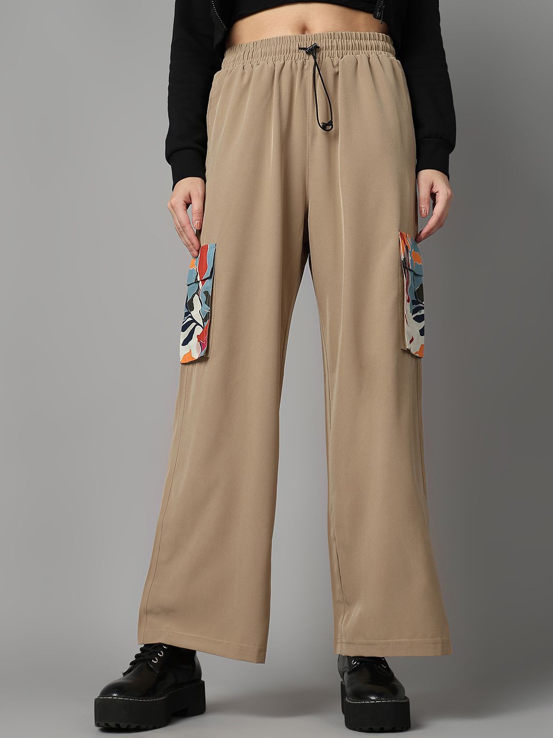 

The Roadster Lifestyle Co Mid Rise Print Pocket Trousers, Beige