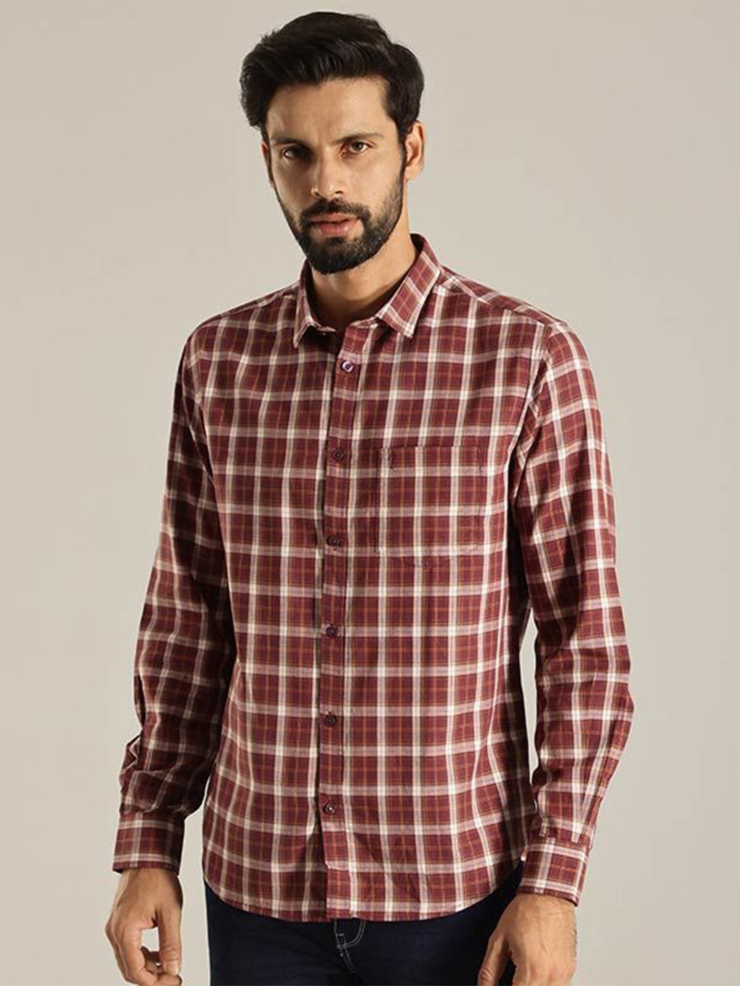 

Indian Terrain Men India Slim Spread Collar Solid Cotton Slim Fit Casual Shirt, Rust