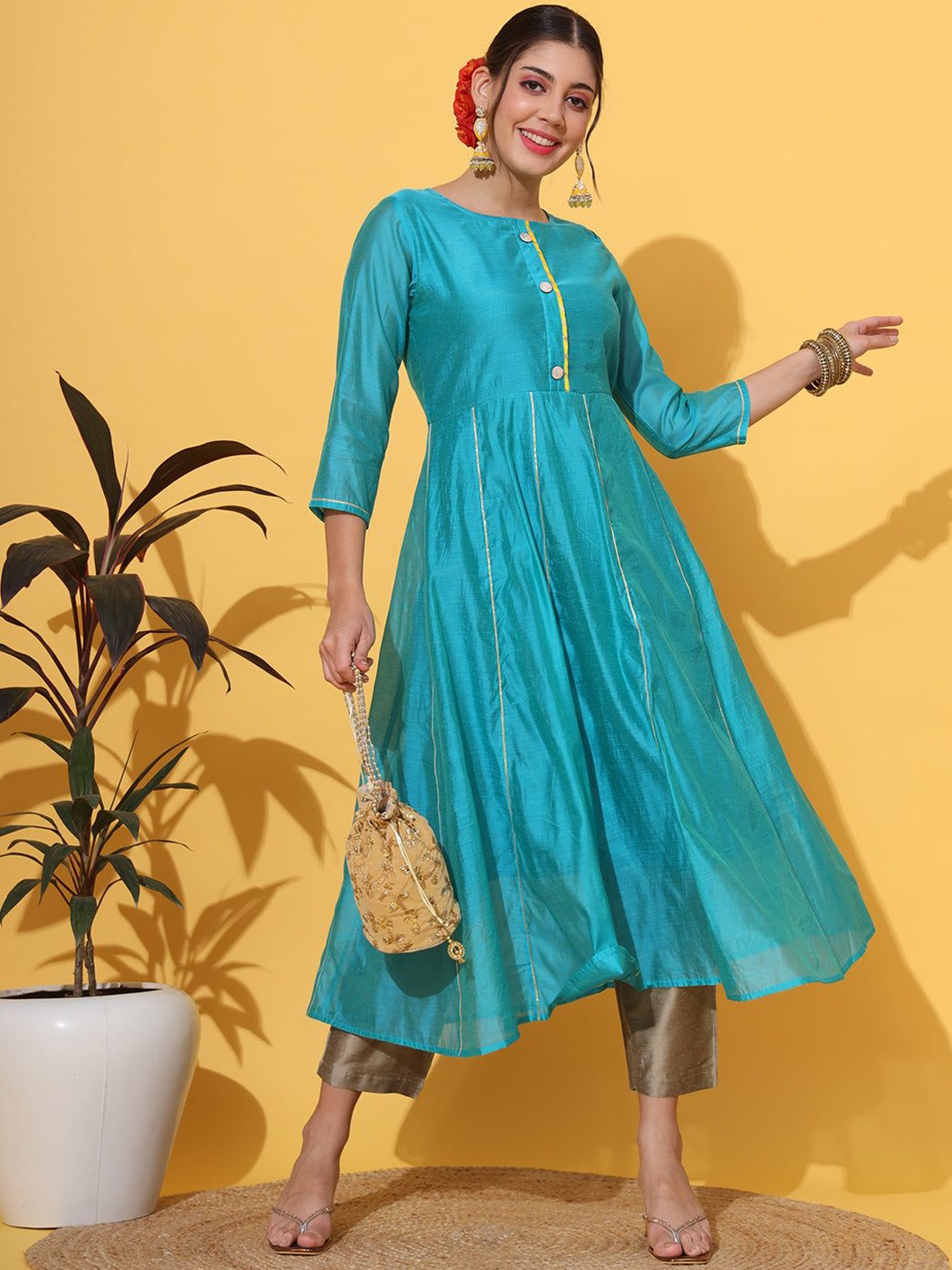 

KALINI Women Striped Flared Sleeves Anarkali Kurta, Turquoise blue