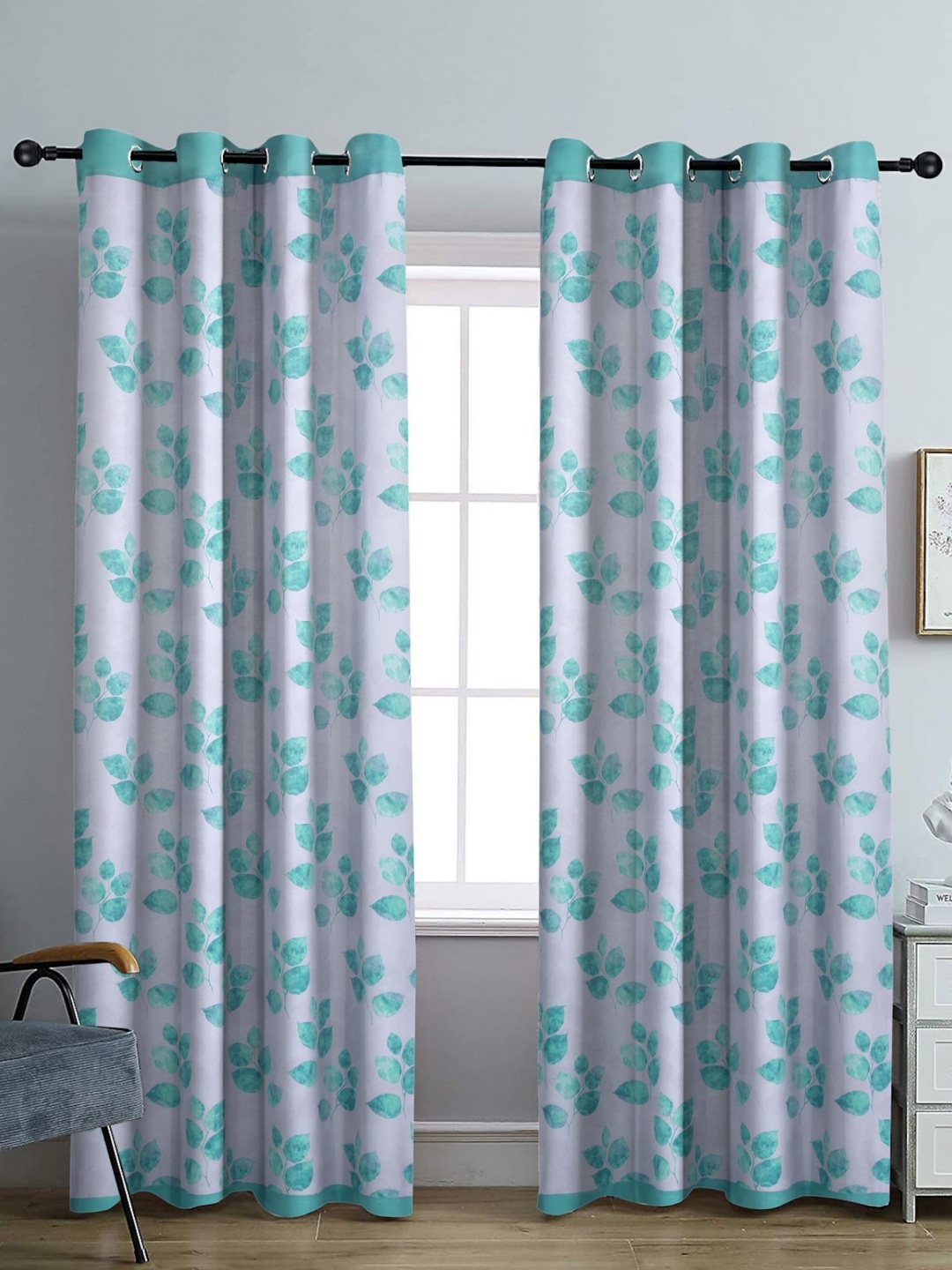 

Aura White & Blue Set of 2 Floral Black Out Door Curtain