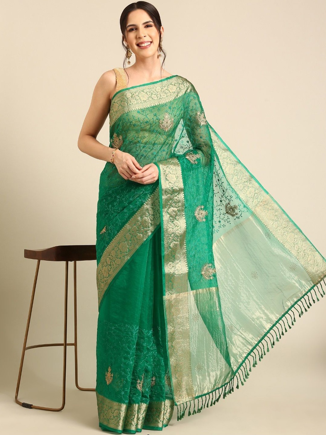 

all about you Ethnic Motifs Zari Organza Saree, Green