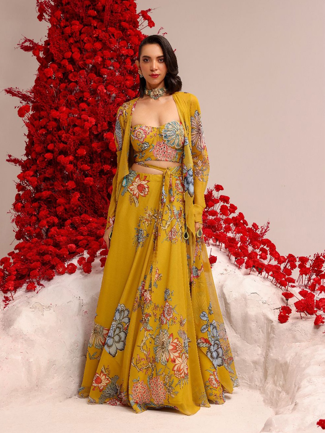 

MONI K LABEL Printed Silk Georgette Ready to Wear Lehenga & Made Measure Blouse & Jacket, Yellow