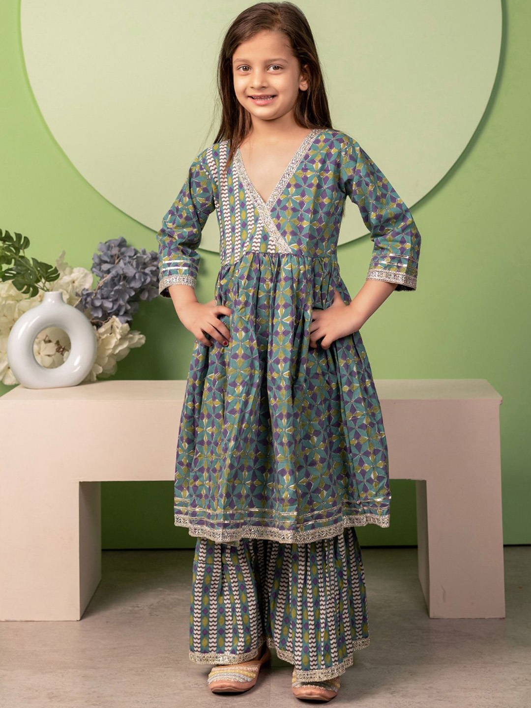 

Biglilpeople Girls Floral Printed Angrakha Pure Cotton Kurta with Sharara, Blue