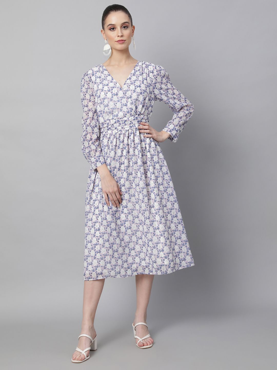 

Global Republic Floral Printed Puff Sleeve Georgette Midi Dress, Purple