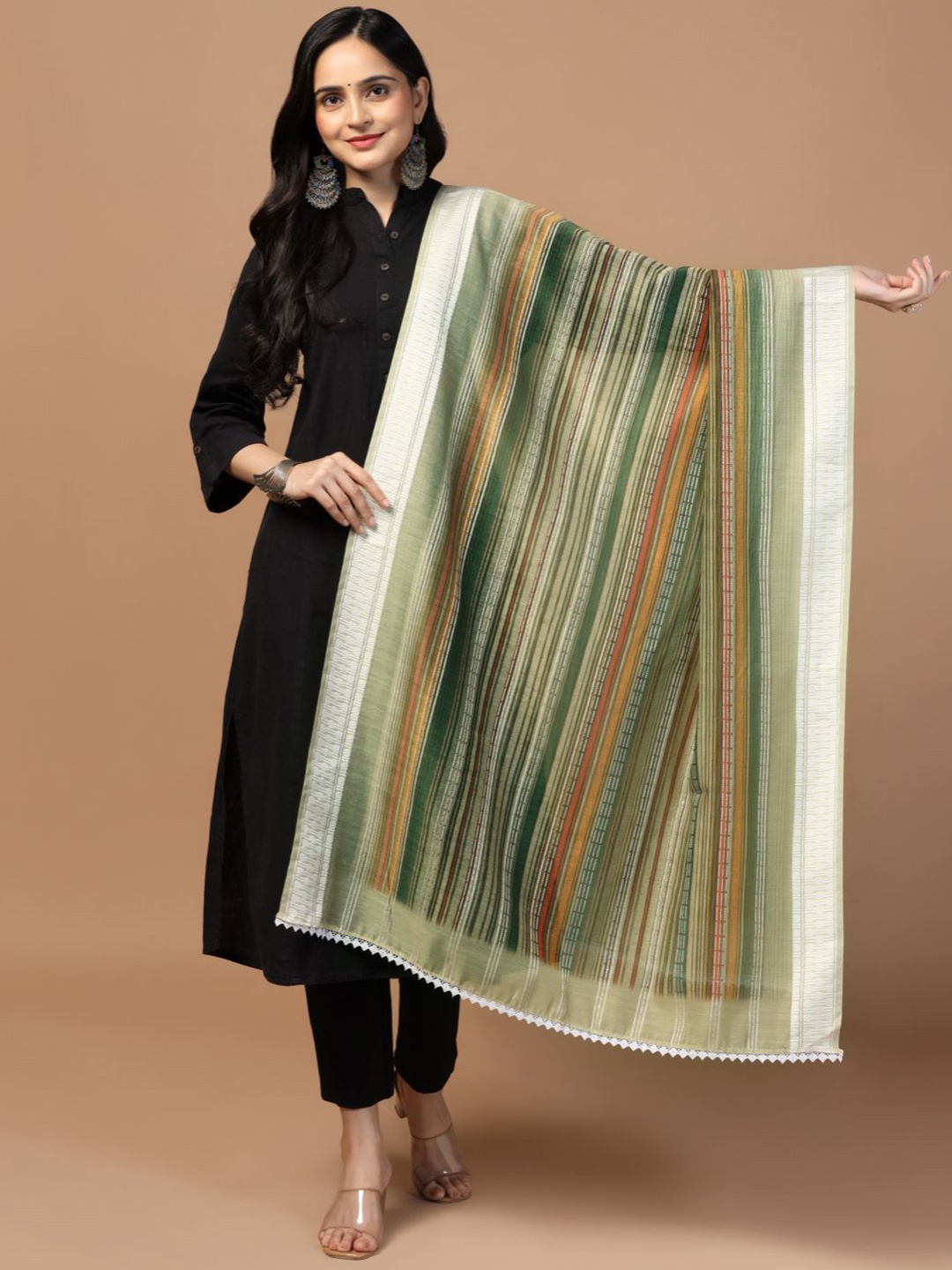 

Kaizen TEXO FAB Striped Chanderi Cotton Duppatta, Green