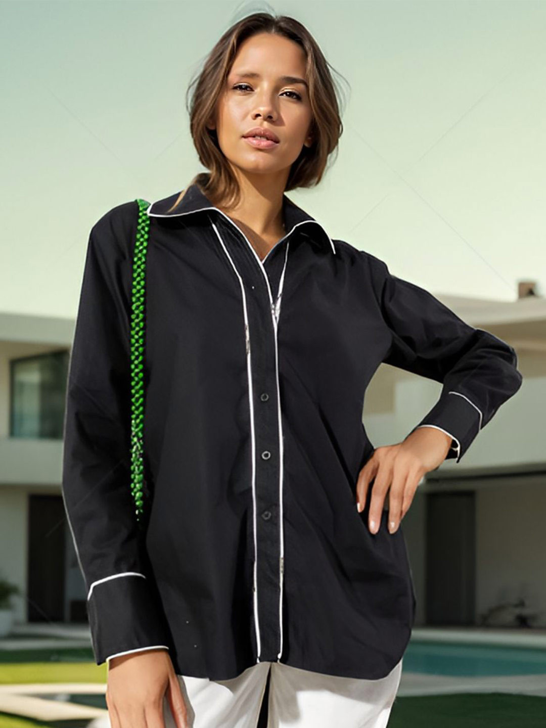 

HERSHEINBOX Women Relaxed Spread Collar Solid Cotton Casual Shirt, Black