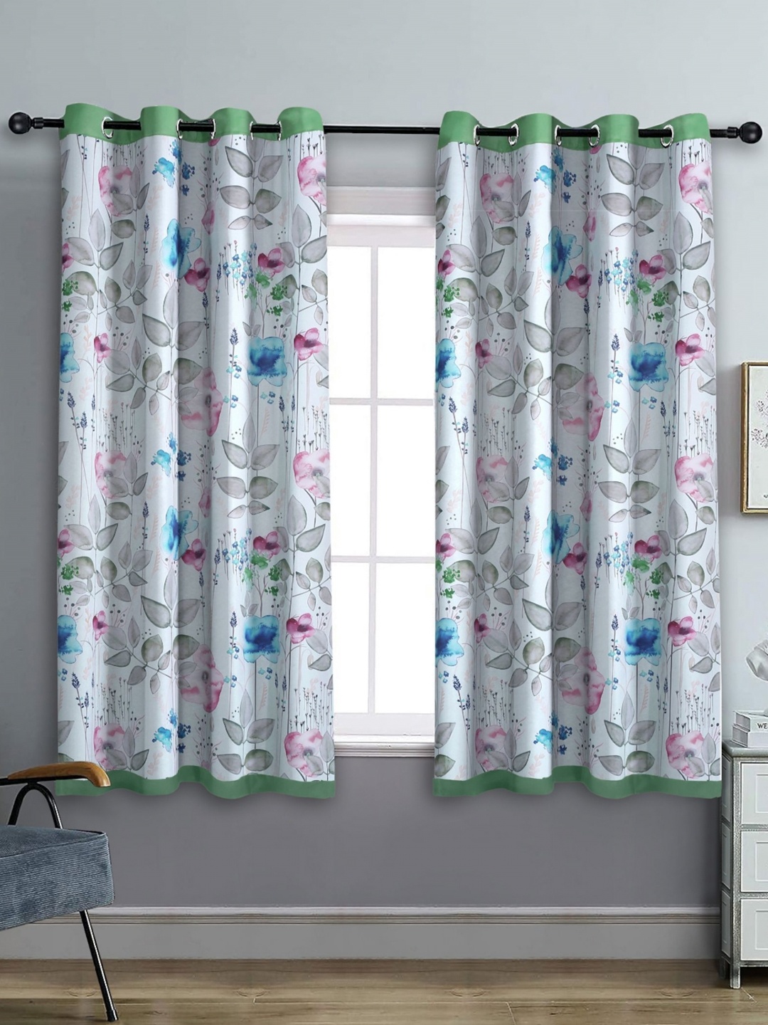 

Aura White & Blue Set of 2 Floral Black Out Window Curtain