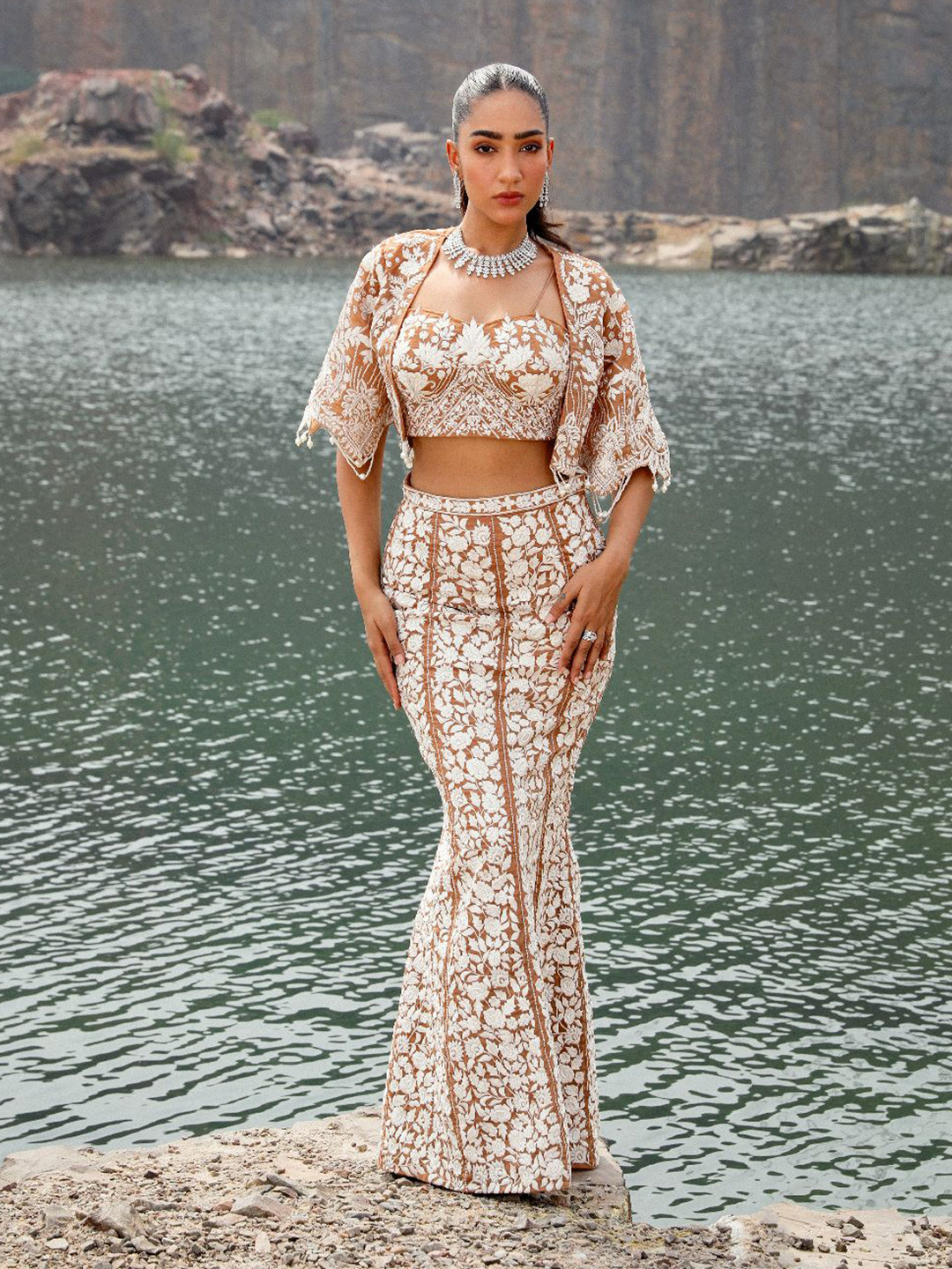 

MONI K LABEL Embroidered Thread Work Ready to Wear Lehenga & Made Measure Blouse & Shrug, Brown