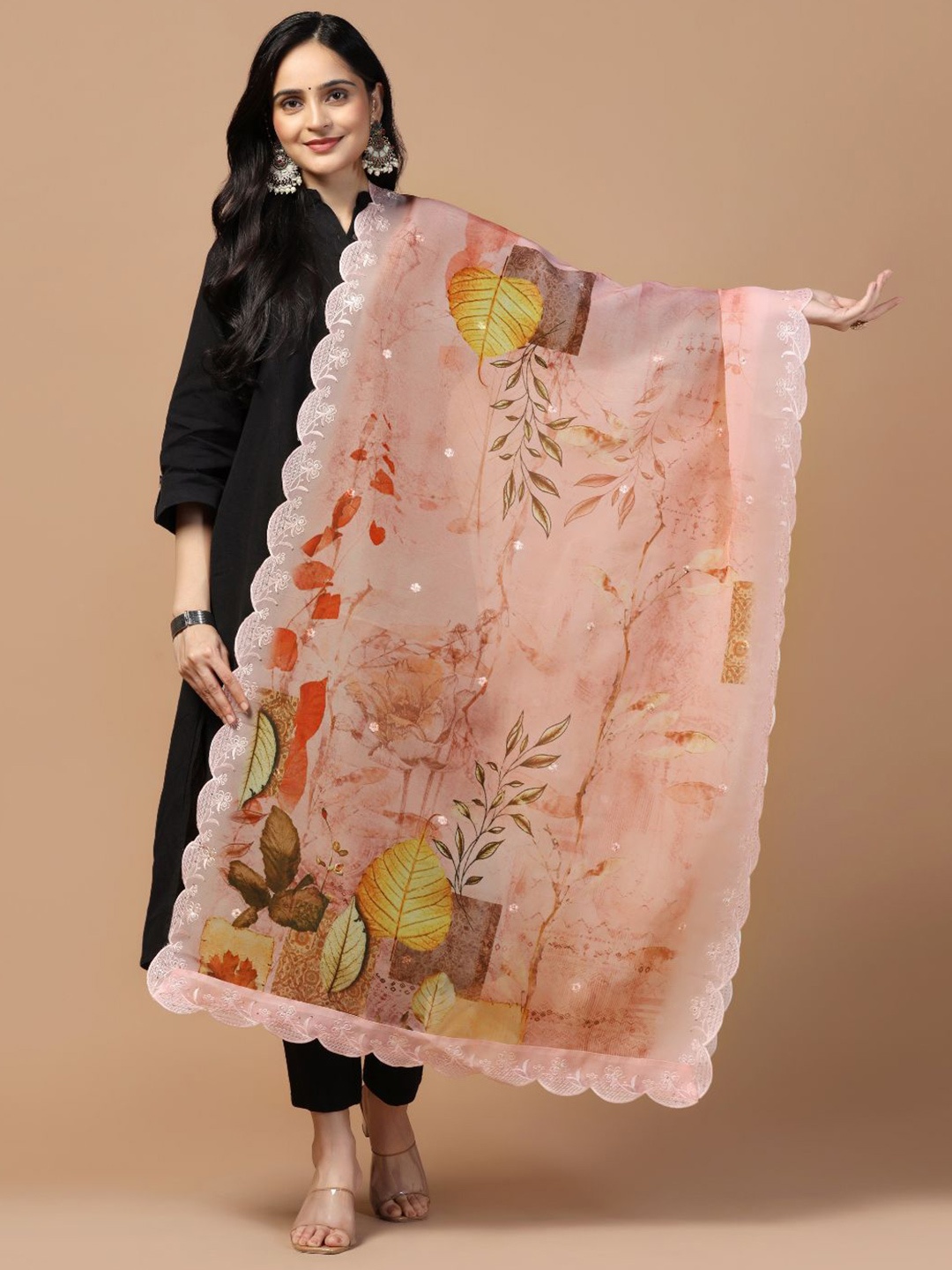 

Kaizen TEXO FAB Floral Printed Organza Dupatta, Peach