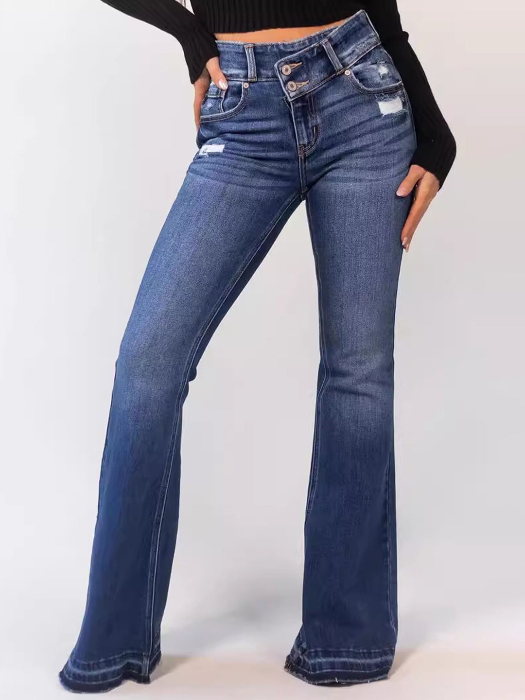 

LULU & SKY Women Flared High-Rise Light Fade Jeans, Navy blue