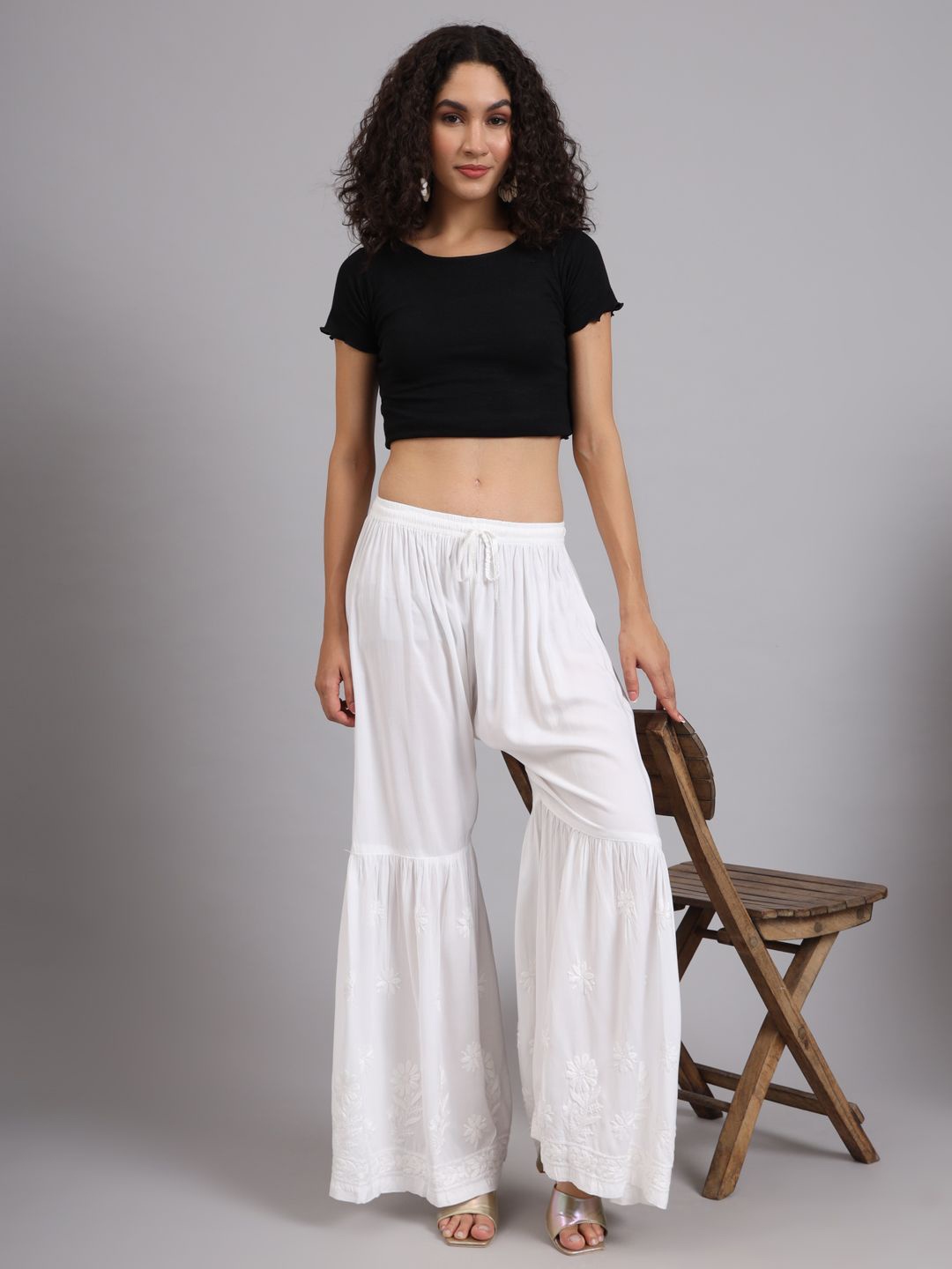 

The Chikan Label Women Embroidered Flared Ethnic Palazzos, White