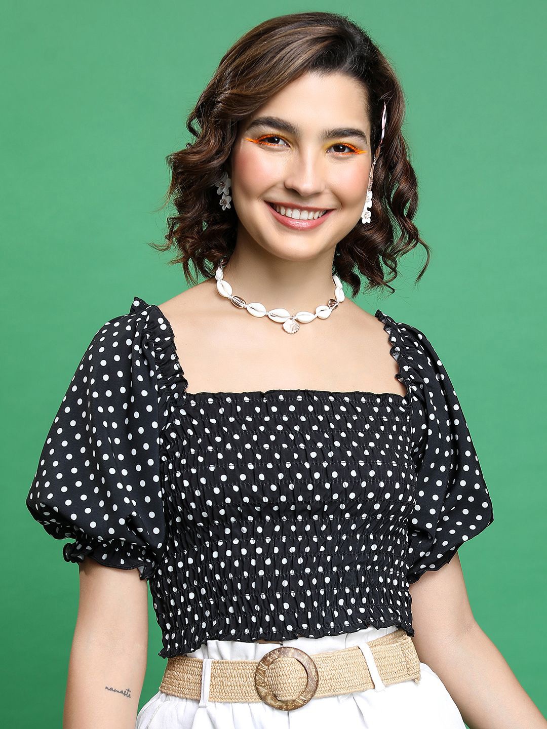 

Tokyo Talkies Polka Dot Print Puff Sleeve Crop Top, Black
