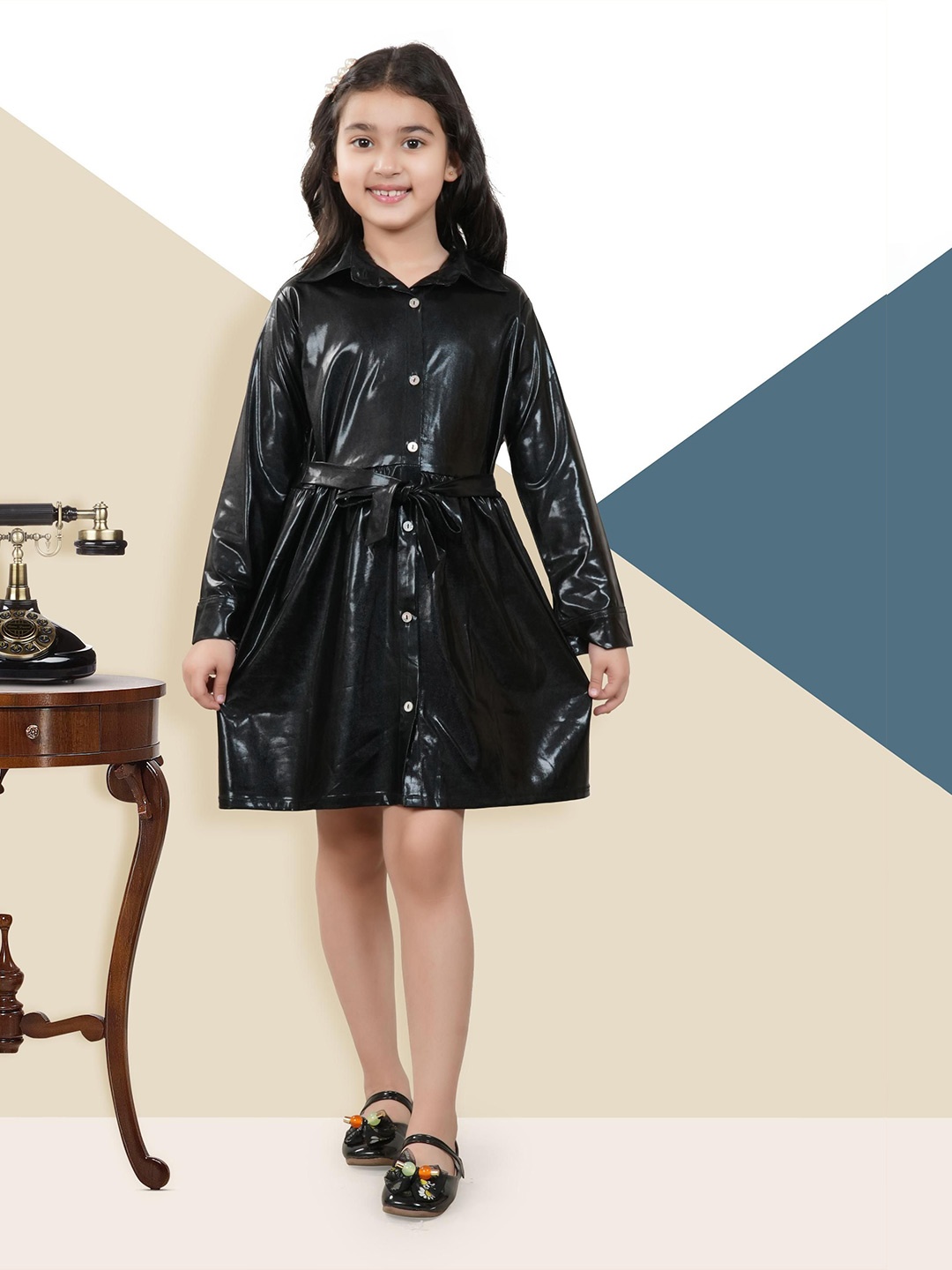 

RANJ Girls PU Coated Shirt Dress, Black