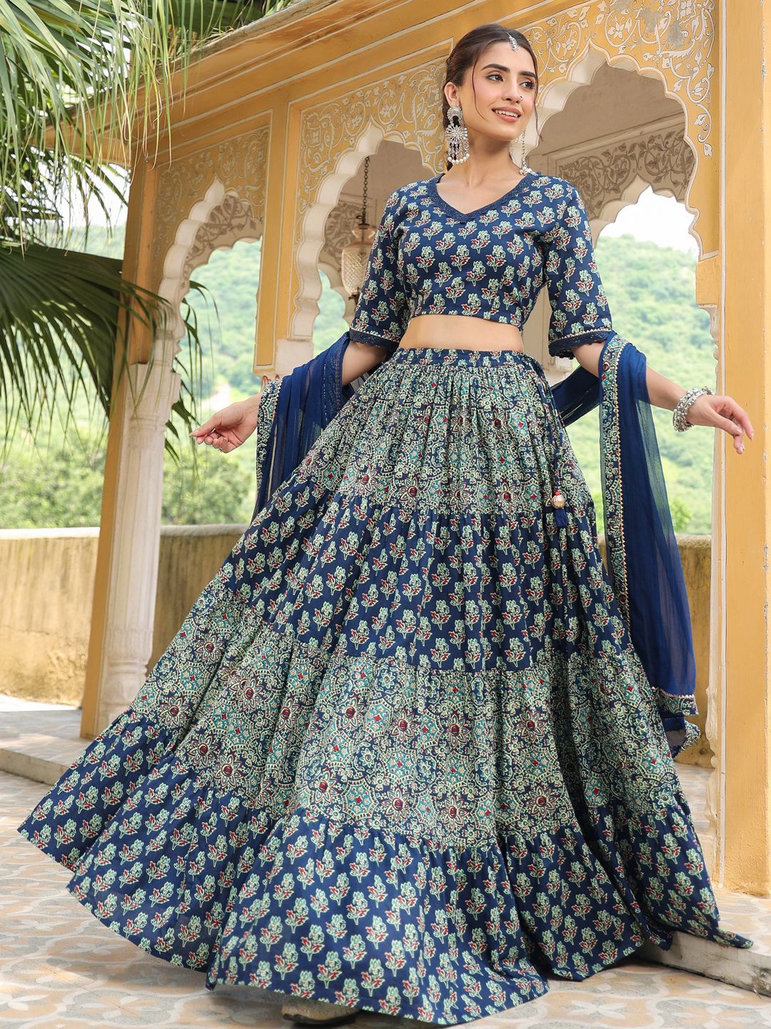 

Janasya Printed Ready to Wear Lehenga & Blouse With Dupatta, Blue