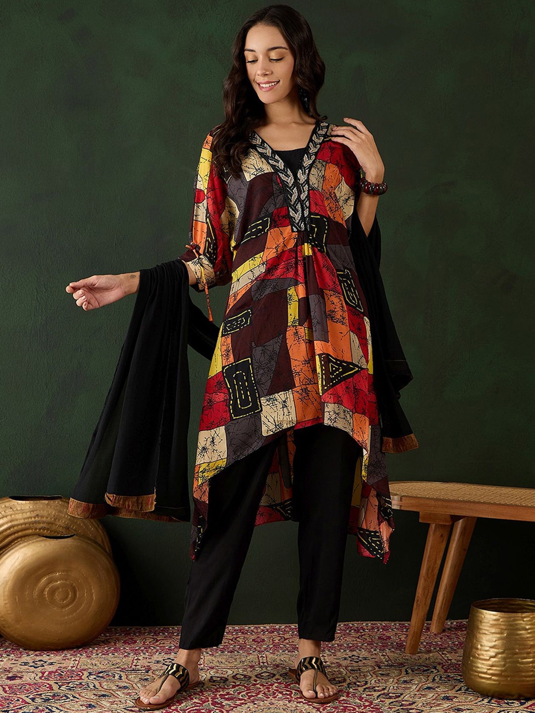 

Sangria Printed With Beaded Neck Detail Kurta With Trousers & Dupatta, Black