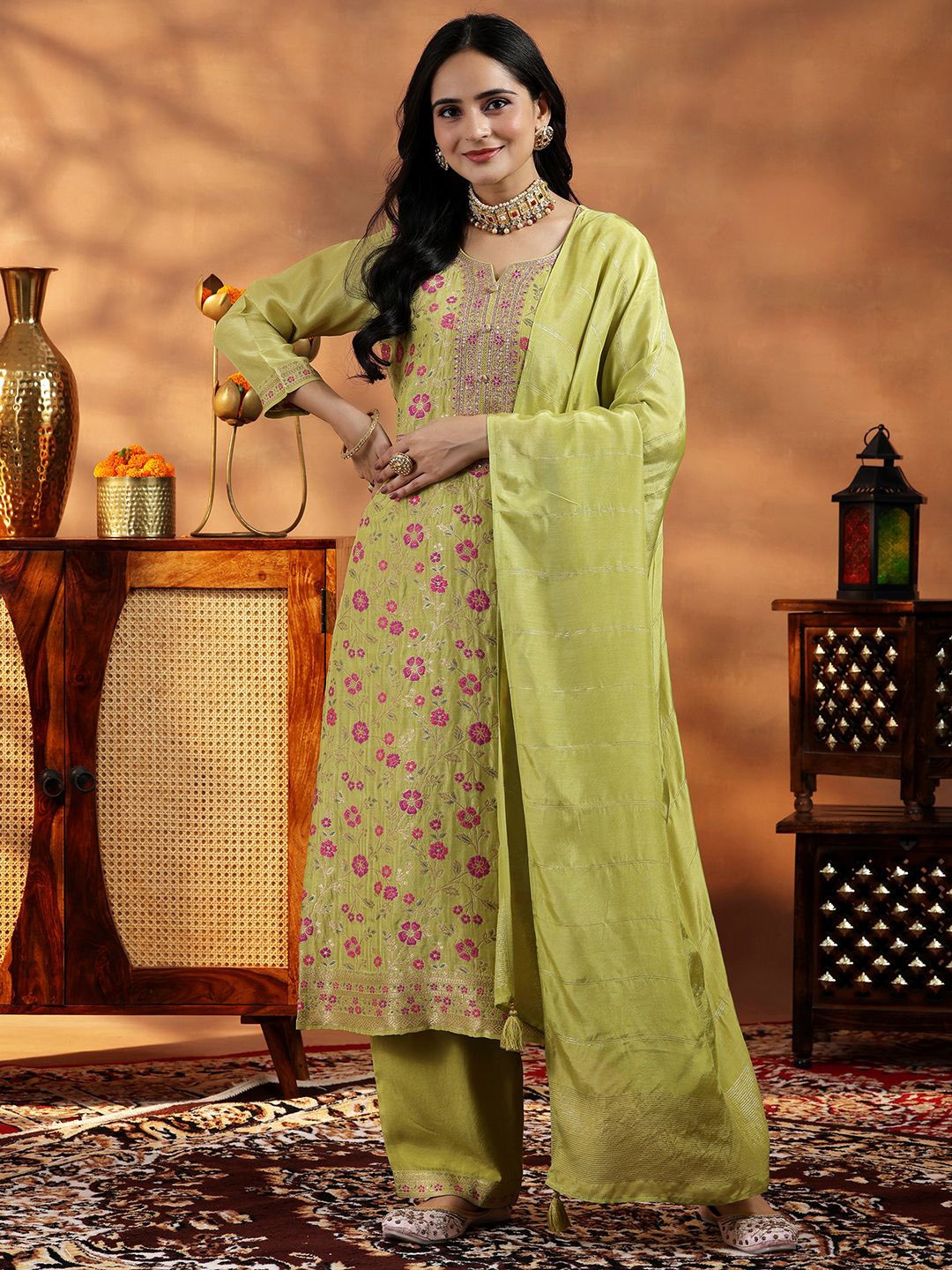 

Libas Women Floral Regular Kurta with Palazzos & With Dupatta, Green