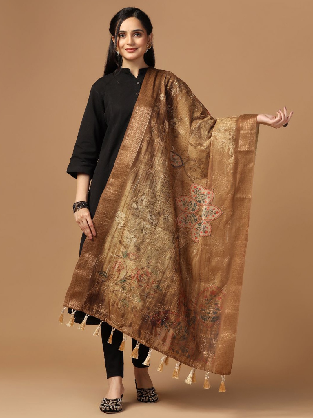

Kaizen TEXO FAB Floral Printed Zari Embroidered Chanderi Dupatta, Brown