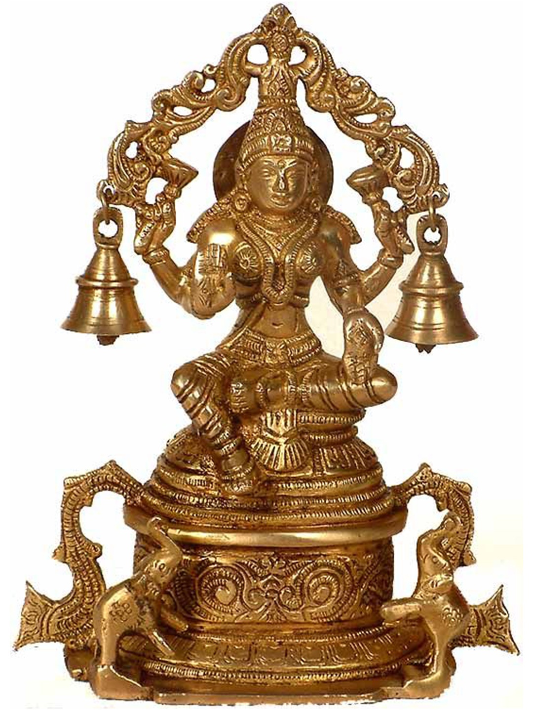 

Exotic India 8" Goddess Lakshmi Statue with Elephants Temple Bells in Brass, Gold