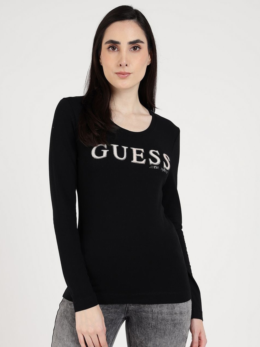 

GUESS Women Typography Printed Applique Slim Fit T-shirt, Black